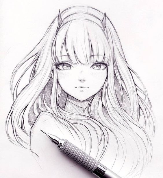 cute anime girl drawing with hair
