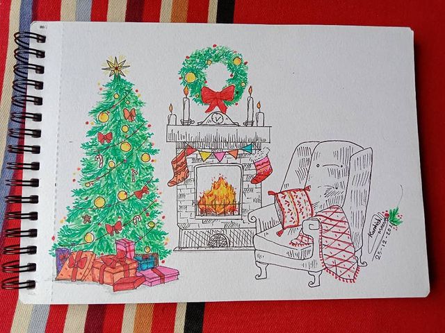 Beautiful Christmas tree drawing with gifts